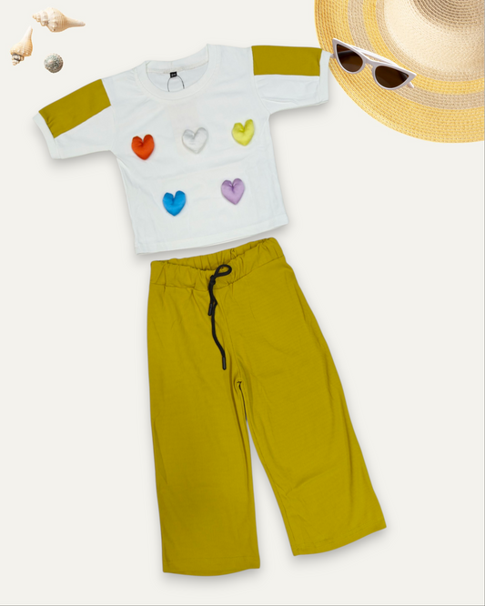 GIRLS HEART PATCH WORK CO-ORD SET (4-12 YEARS) (MUSTARD YELLOW)
