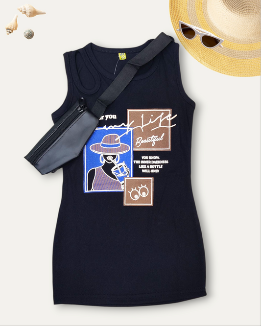 GIRLS SLEEVELESS DRESS WITH A CROSSBODY POUCH (BLACK) (2-8 YEARS)