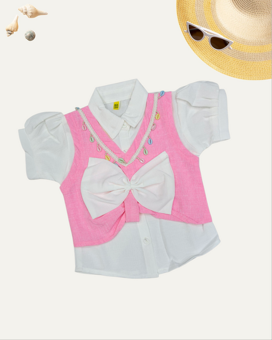 GIRLS STYLISH LAYERED BOW VEST TOP (PINK) (4-12 YEARS)
