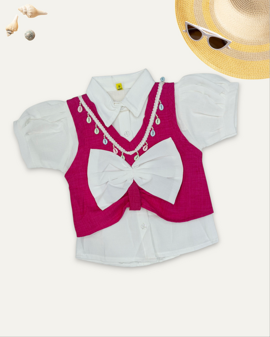 GIRLS STYLISH LAYERED BOW VEST TOP (4-12 YEARS) (HOT PINK)