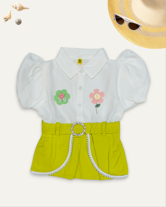 GIRLS PUFF SLEEVE EMBROIDERED BELT CONTRAST TOP (LIME GREEN) (4-12 YEARS)