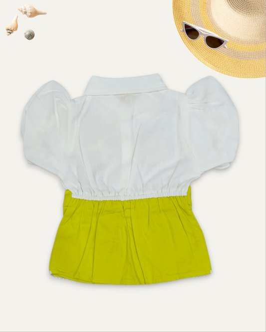 GIRLS PUFF SLEEVE EMBROIDERED BELT CONTRAST TOP (LIME GREEN) (4-12 YEARS)