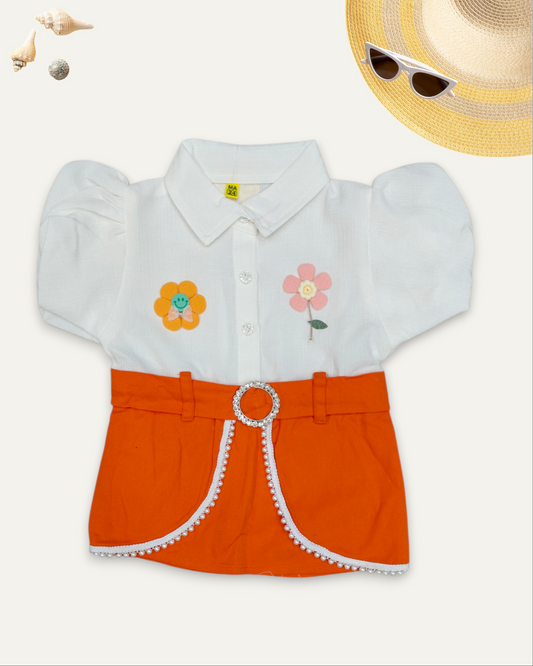 GIRLS PUFF SLEEVE EMBROIDERED BELT CONTRAST TOP (ORANGE) (4-12 YEARS)