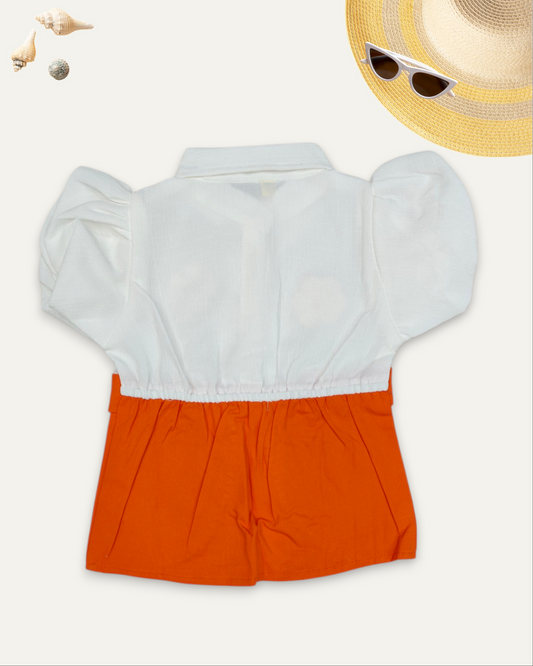 GIRLS PUFF SLEEVE EMBROIDERED BELT CONTRAST TOP (ORANGE) (4-12 YEARS)