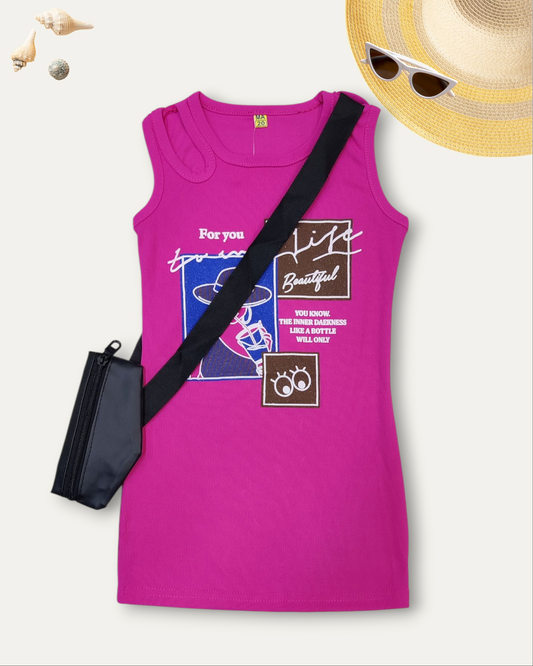 GIRLS SLEEVELESS DRESSS WITH CROSSBODY POUCH (HOT PINK) (2-8 YEARS)