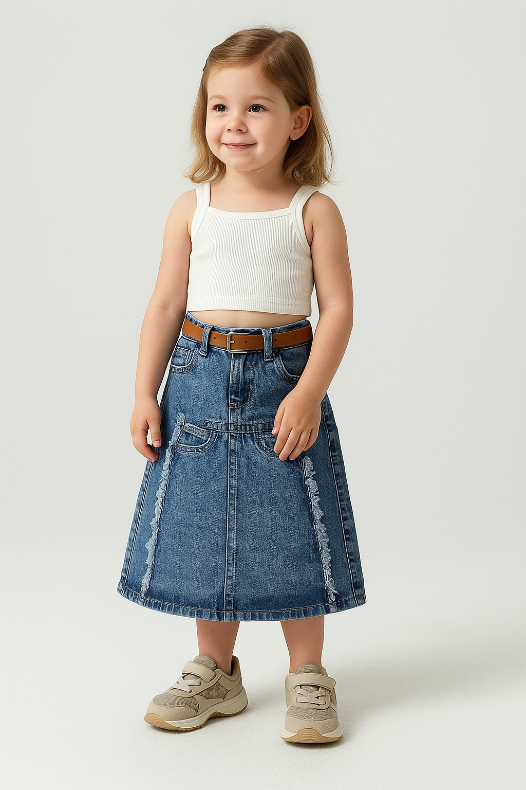 GIRLS DENIM SKIRT FLARE FIT WITH LEATHER BELT (BLUE WASH) (4-12 YEARS)