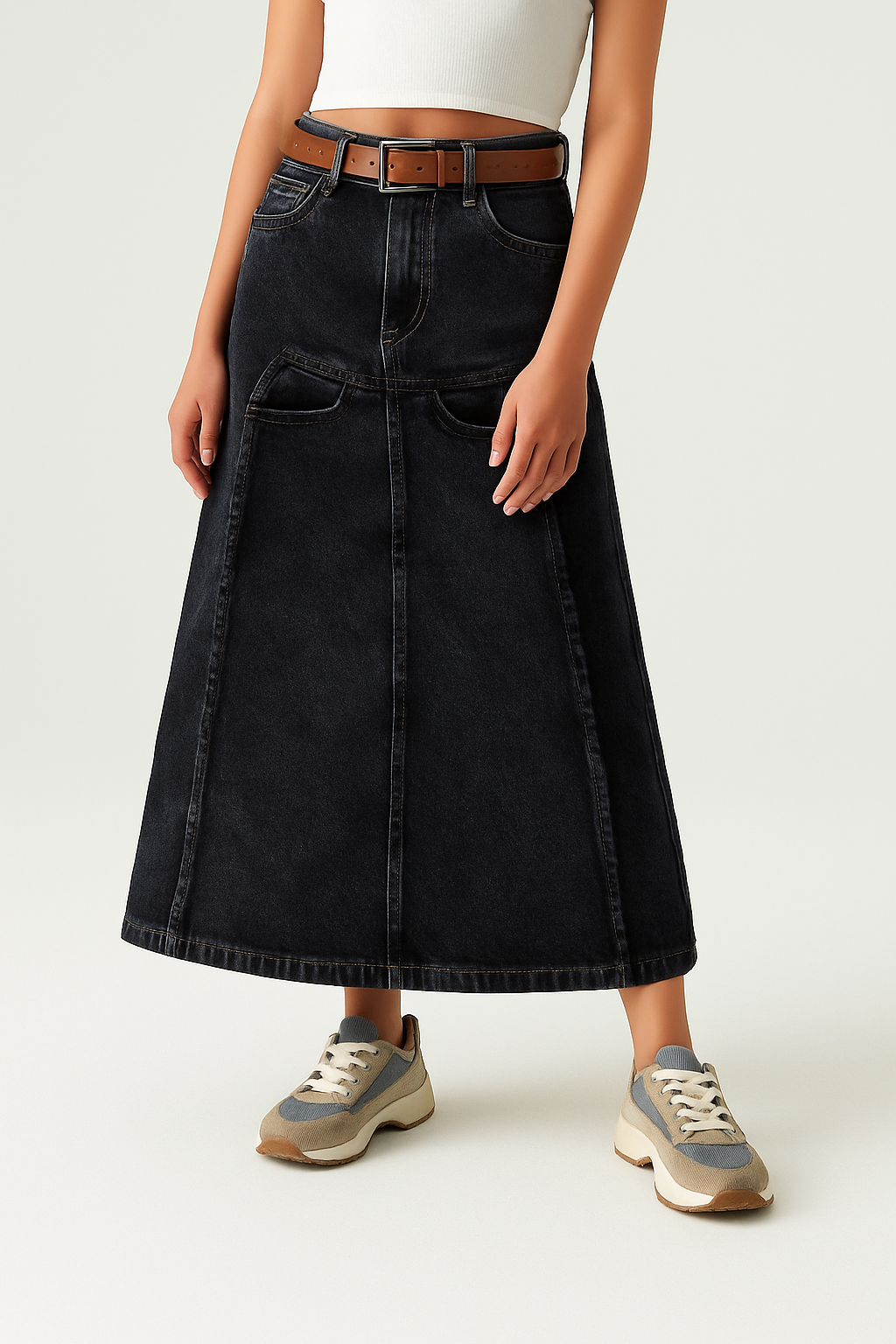GIRLS DENIM SKIRT FLARE FIT WITH LEATHER BELT (BLACK WASH) (4-12 YEARS)