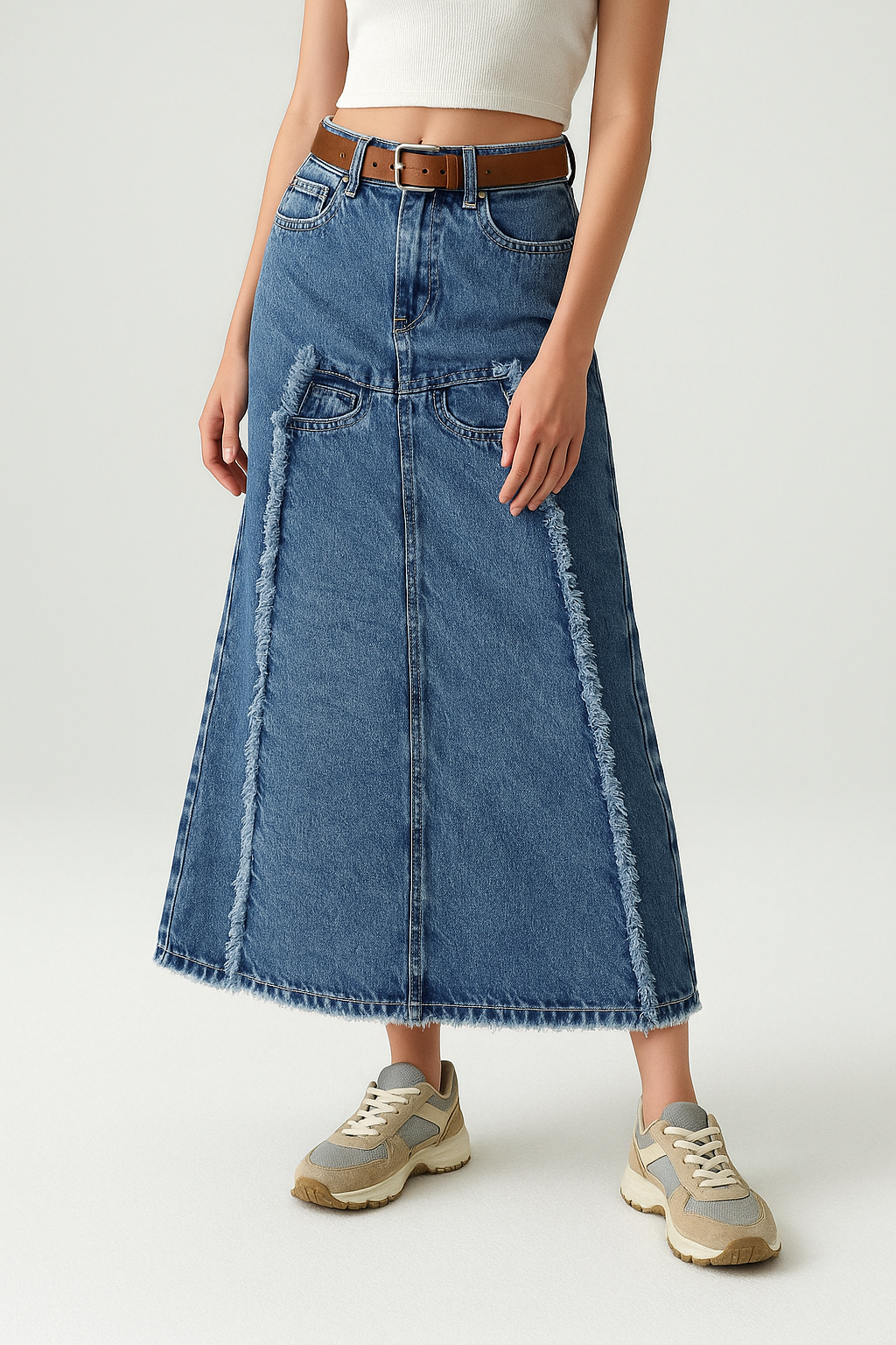 GIRLS DENIM SKIRT FLARE FIT WITH LEATHER BELT (BLUE WASH) (4-12 YEARS)